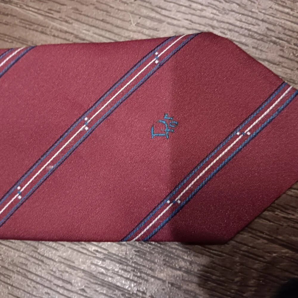 Vintage Christian Dior Designer Burgundy Brown Blue Stripe Silk Blend Tie Dad Me
